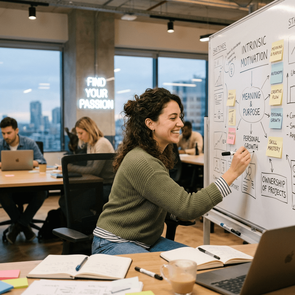 Woman writing on whiteboard with motivation and personal growth notes in an office setting